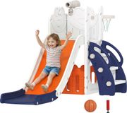 AIYAPLAY Kinderglijbaan 5-in-1 Babyglijbaan voor peuters 1-3 jaar Oranje | Binnen/buiten, basketbalring, klimrek, speeltelescoop, opbergruimte, kikker-motief speelplaats