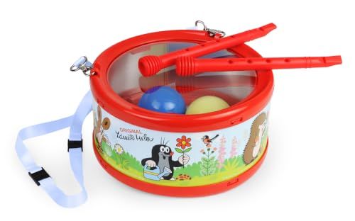 LENA Grappige trommel, de kleine mol - trommel voor kinderen met rammeleffect door geïntegreerde ballen, Ø 21 cm incl. 2 trommelstokken, drumstel voor kinderen vanaf 3 jaar