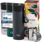 Wilford & Sons Thermosbeker Koffie To Go met Draagriem & Thee-Infuser 360ml, Geïsoleerd & Lekvrij - BPA-Vrij, Vaatwasmachinebestendig | Dubbelwandige Isolatie Coffee & Thee RVS Reisbeker Mok, Vrouw Man | Travel Mug - Zwart