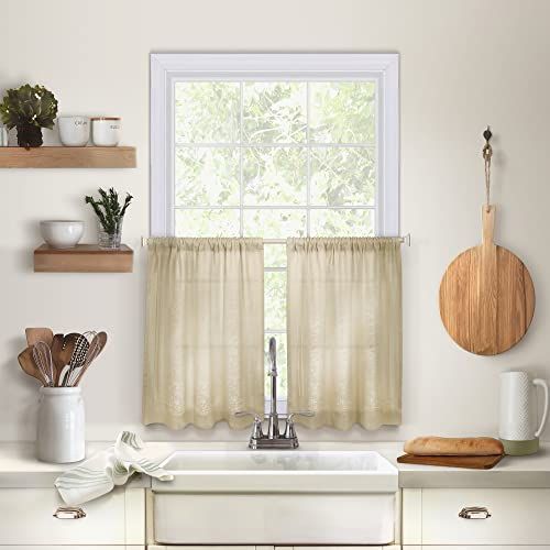 Elrene Home Fashions Cameron Solid Hemstitched Rod Pocket Cafe/Kitchen Tier Window Curtain, 30" W x 24" L Each (Set of 2, Linen, 2 Count)