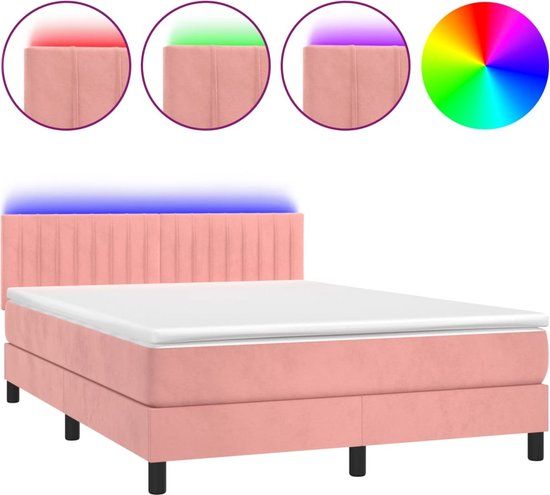 vidaXL Boxspring met matras en LED fluweel roze 140x200 cm