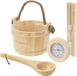 LuxeBath | Set d'accessoires pour sauna, 4 pièces, en bois de pin massif, seau de sauna de 4 litres avec cordon de chanvre, spatule de sauna, thermomètre-hygromètre et sablier de 15 minutes