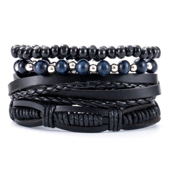 LGT JWLS LGT Jewels Heren armbanden Set Zwart Leer blauwe kralen
