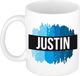 Bellatio Decorations Justin naam cadeau koffie mok - beker - met blauw verfstrepen - Cadeau collega - vaderdag - verjaardag - meester - coach - 300 ml - wit