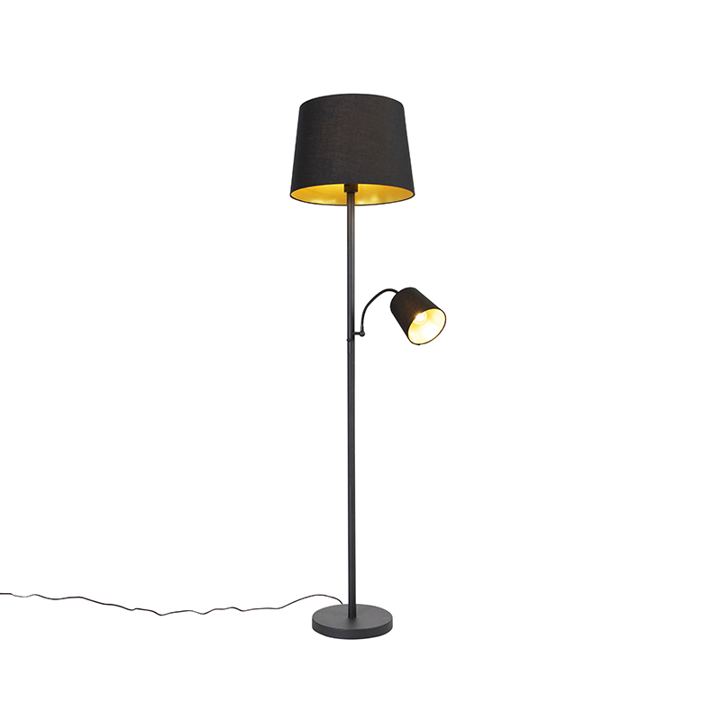 QAZQA Klassieke vloerlamp zwart met goud en leeslampje - Retro