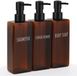 Unyqoos® Set van drie bruine kunststof dispensers voor shampoo en zeep met etiketten