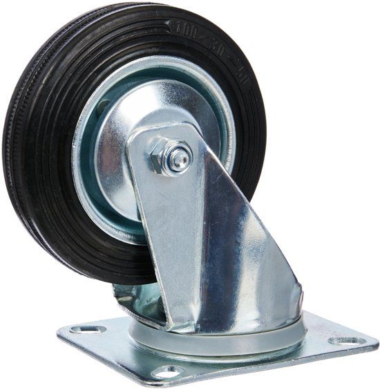 Metafranc Zwenkwiel Ø 100 mm - 104 x 80 mm plaat - massief rubberen wiel - zacht loopvlak - rollager - draagvermogen 70 kg / transportwiel / meubelwiel / zwaarlastwiel / 800710, zilver
