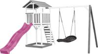 AXI Beach Tower Speeltoestel in Grijs/Wit - Speeltoren met Roxy Nestschommel, Paarse Glijbaan en Zandbak - FSC hout - Speelhuis op palen voor de tuin