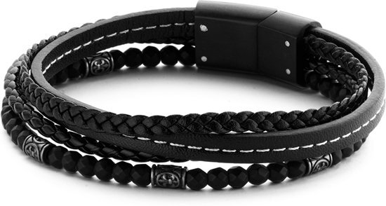 Frank 1967 7FB 0247 Heren Leren Armband met Stalen Element - Lengte 21 cm - Zwart