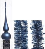 Decoris Décoration de Noël étoile de sapin mate 26 cm - 2x guirlandes en aluminium bleu foncé - set 3x pièces