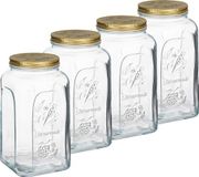Pasabahce Voorraadpot/bewaarpot Square - 4x - glas - 3L - transparant/goud - D13 x H25 cm - voedsel bewaren