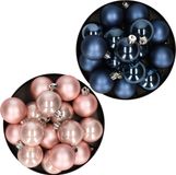 Kerstversiering Boules de Noël en plastique Mélange de couleurs Bleu foncé/Rose clair 4 et 6 cm Paquet de 80x pièces