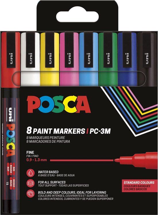 POSCA Paintmarker PC-3M - Etui van 8 Stuks in Geassorteerde Basiskleuren