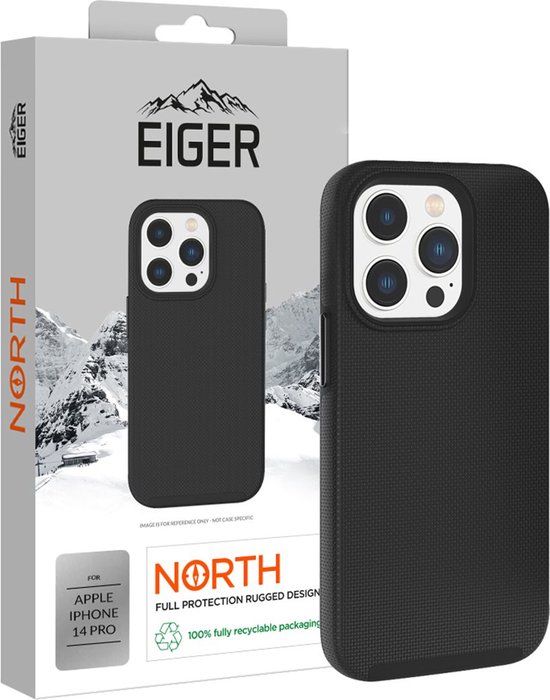 Eiger, Hoesje geschikt voor iPhone 14 Pro - Hardcase Dual Layer Ultra-Versterkt 4m Valbescherming, Zwart