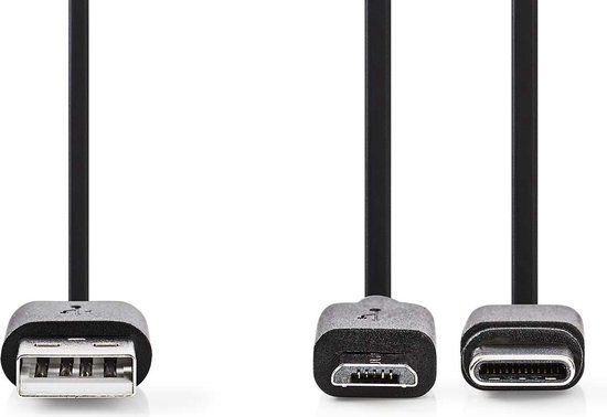 Nedis 2-in-1-Kabel - USB 2.0 - USB-A Male - USB Micro-B Male / USB-C Male - 480 Mbps - 1.00 m - Zwart