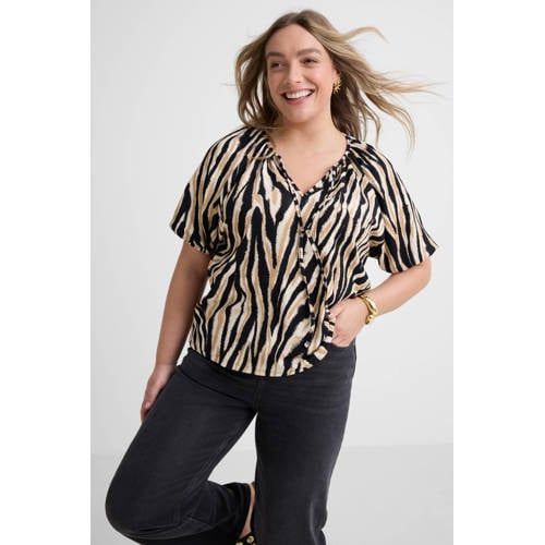 GREAT LOOKS crinkle top met strikkraag zebraprint