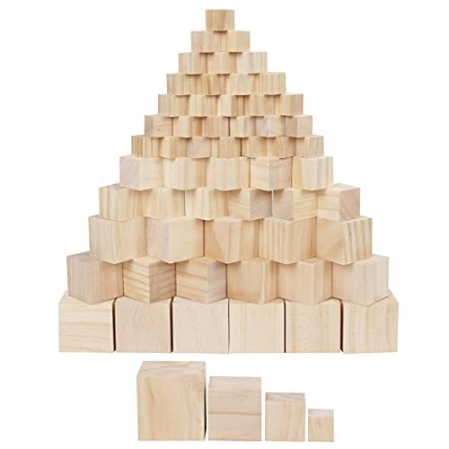 BELLE VOUS Houten Kubussen (100 Pak) – 4 Geassorteerde Natuurlijk Onbewerkte Naaldhouten Vierkante Houten Blokken – DIY Kunst & Hobby, Puzzels, Educatieve Alfabet & Nummer Blokken en Geschenken