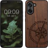 kwmobile telefoonhoesje geschikt voor OnePlus Nord CE5 - Houten hoesje met bumper - Donkerbruin Vintage Kompas design