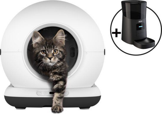 Zedar Automatische Kattenbak - Zelfreinigende Kattenbak - Met kattenbakmat, 3 rollen opvangzakjes en Zedar A600 voerautomaat