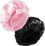 Allecto Plus - Satin-Schlafhauben für Damen - 2 Stück - Verstellbare Seiden-Nachtkappe - Schwarz und Rosa