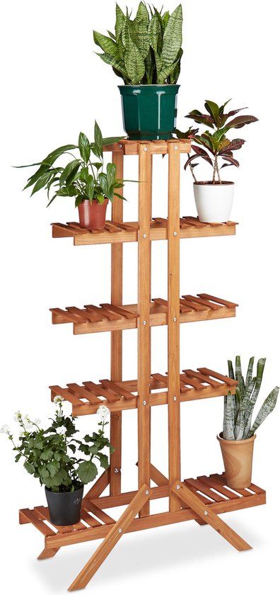 Relaxdays plantenrek voor binnen - plantentrap 5 etages - plantenstandaard - bloemenrek - honing Brown