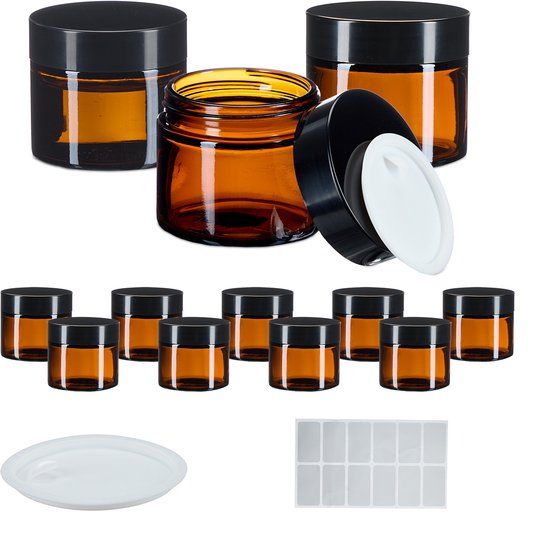Merkloos Relaxdays Creme potjes met deksel - set van 12 - 60 ml - etiketten - leeg - bruin glas