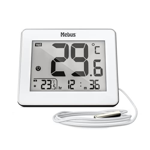 Mebus Digitale thermometer met bekabelde buitensensor meet temperatuur binnen en buiten, tijd, min/maxwaarden, metalen behuizing, kleur: wit, model: 01074