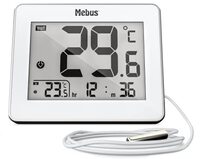 Mebus Digitale thermometer met bekabelde buitensensor meet temperatuur binnen en buiten, tijd, min/maxwaarden, metalen behuizing, kleur: wit, model: 01074
