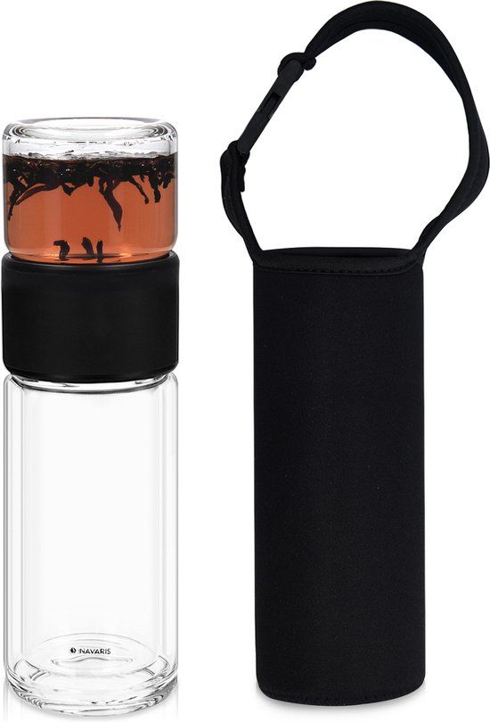Navaris Glazen Theefles met Zeef - 240 ml - Zwart