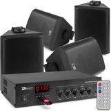 Power Dynamics PBA30 100V installation sonore avec 4 haut-parleurs noirs résistants aux intempéries de 5" à montage en saillie