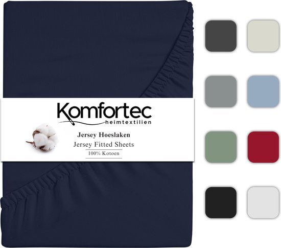 Komfortec Jersey Stretch Hoeslaken 180x200 cm - 30cm Matrasdikte- Rondom Elastiek - 100% Katoen - Blauw