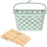 Merkloos Wasknijpersmandje met haak - mintgroen - en 100x houten wasknijpers 7 cm - was ophangen