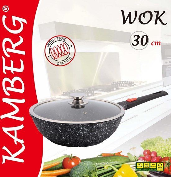 Amberg Kamberg Wokpan Inductie - 30 cm - Zwart Marmer - Met Deksel