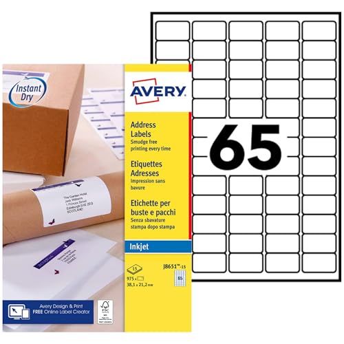 Avery - Zak met 975 mini-adresetiketten, wit, 38,1 x 21,2 mm, inkjet (J8651-15)