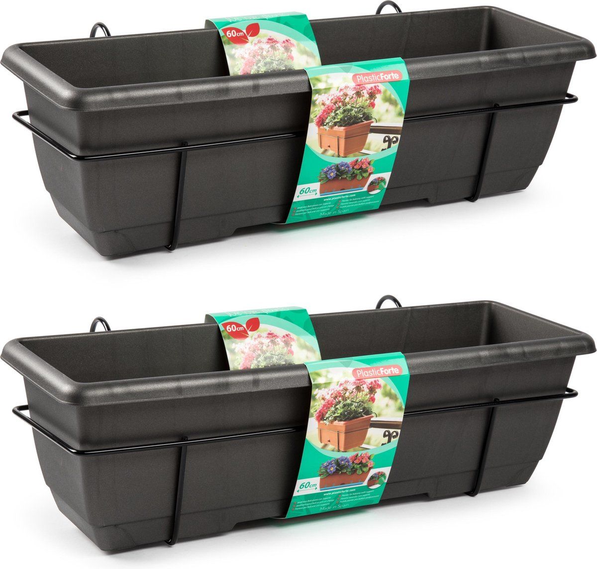 Forte Plastics 4x Balkon/schutting plantenbakken/bloembakken antraciet 60 cm met hanger