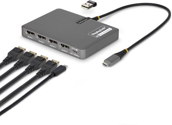 StarTech.com USB-C naar Quad-Monitor Adapter, 4K 60Hz DisplayPort, 140W PD Passthrough voor Laptop Opladen, USB Poort voor Wireless Toetsenbord / Muis, TAA