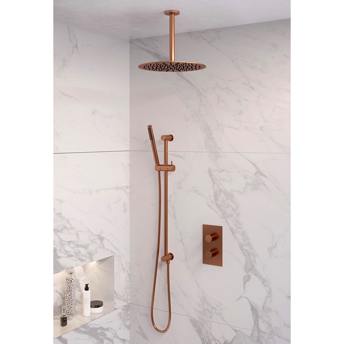 Brauer Regendoucheset 42 Inbouw Muur Copper Edition 30cm Rond Geborsteld Koper PVD 2 Greeps 3-weg met Thermostaatkraan Glijstang en Staafhanddouche