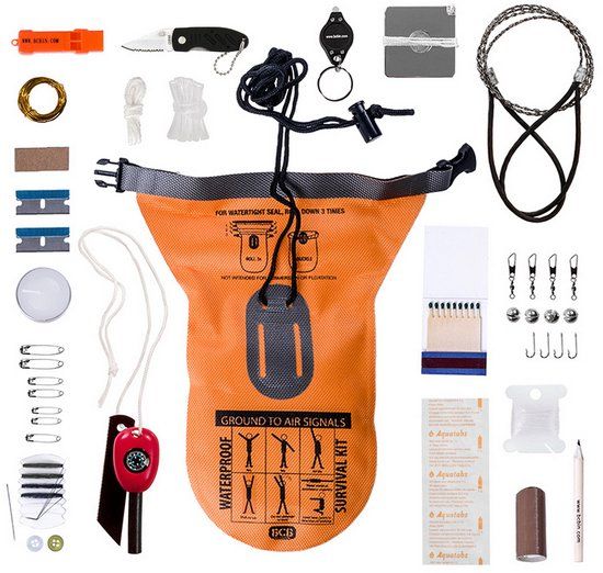 bcb Bushcraft survivalset waterproof survival blikje 21-delig - oranje