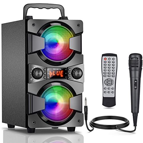 TENMIYA Bluetooth-luidspreker, 60W (80W piek) draagbare draadloze luidspreker met verlichting, dubbele subwoofer zware bas, FM-radio, afstandsbediening, rijk stereo, luidspreker voor thuis buiten feestcamping (groot, zwart)