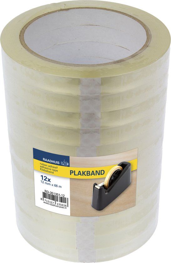 Raadhuis plakband - 12mm x 66m - PP - transparant - krimp a 12 rol - RD-351351-12