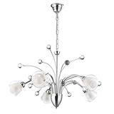 ONLI - Kroonluchter met 5 lampen van gepolijst verchroomd metaal, versierd met ballen van kristal en witte en transparante glasplaten