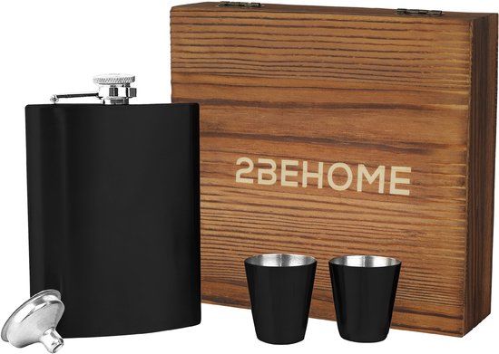 2BEHOME Heupfles - RVS - 0.25L - Inclusief 2 shotglazen, trechter en opbergdoos