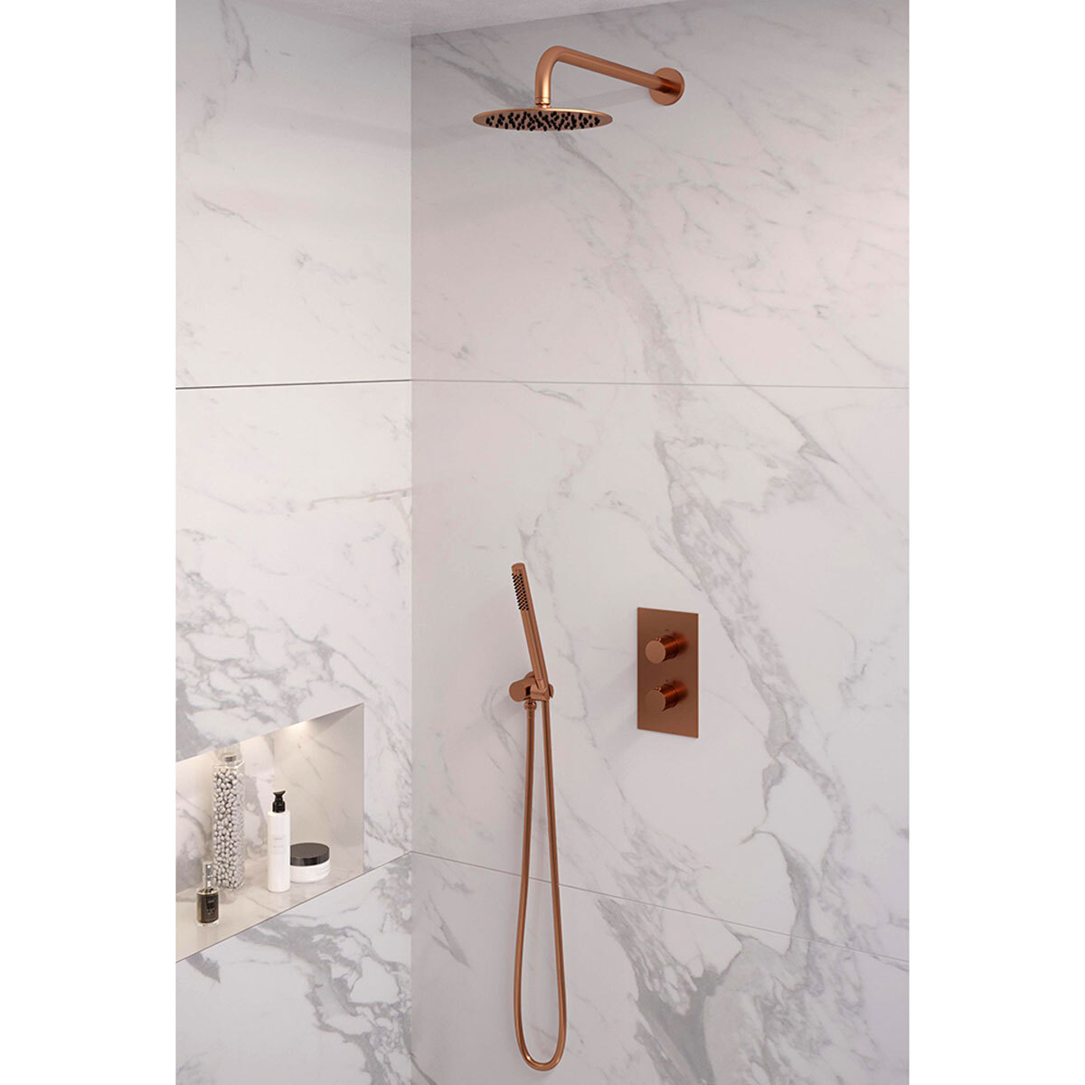 Brauer Regendoucheset 27 Inbouw Muur Copper Edition 20cm Rond Geborsteld Koper PVD 2 Greeps 3-weg met Thermostaatkraan en Staafhanddouche