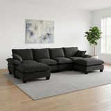 OKWISH U-Bank 323 x 151 cm - 6-Zits Hoekbank Met Verplaatsbare Ottomaan - Woonkamer - Chenille - Zwart