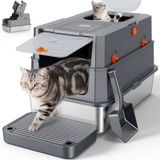 Merkloos Kattenbak Roestvrij staal XXL Met deksel 59 x 38 x 39 cm Gesloten kattentoilet