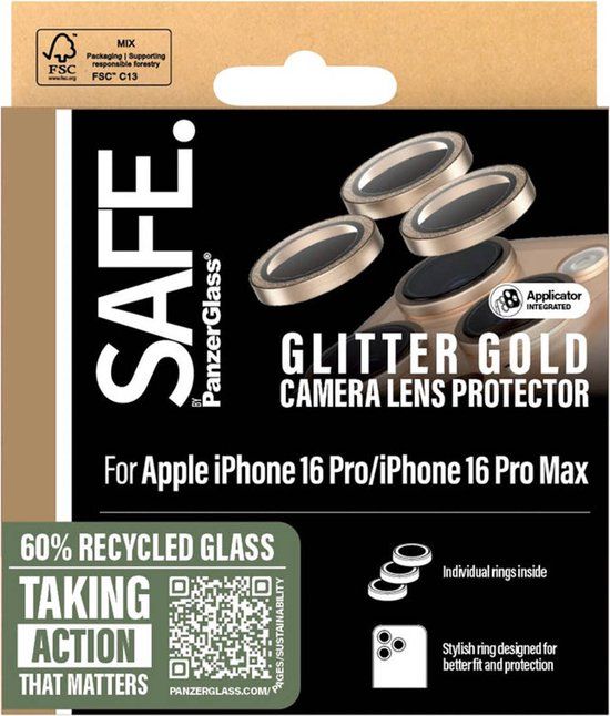 PanzerGlass SAFE by PanzerGlass Camera Lens Protector geschikt voor Apple iPhone 16 Pro / 16 Pro Max - Glitter Gold