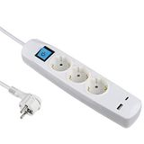 Electraline 62162 stekkerdoos 3-voudig Schuko met schakelaar + 2 USB 3.4A 17W (1 type A + 1 type C), kabel 1.5M