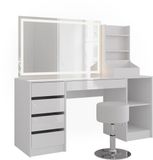 Vicco Kaptafel set met kruk Sherry, Wit/Wit Hoogglans, 158.2 cm met LED-spiegel en kruk