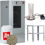 ITA Rookoven 7000 - Smokerset met rookgenerator, tafel - rookkast met raam en thermometer - gelegeerd staal - EU-kwaliteit, rechtstreeks van de fabrikant - 81 cm met 3 niveaus