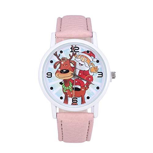 VILLCASE Polshorloge-1 ST Kersthorloge Cartoon Elk Patroon Horloge Quartz Horloge met Lederen Riem (Roze)